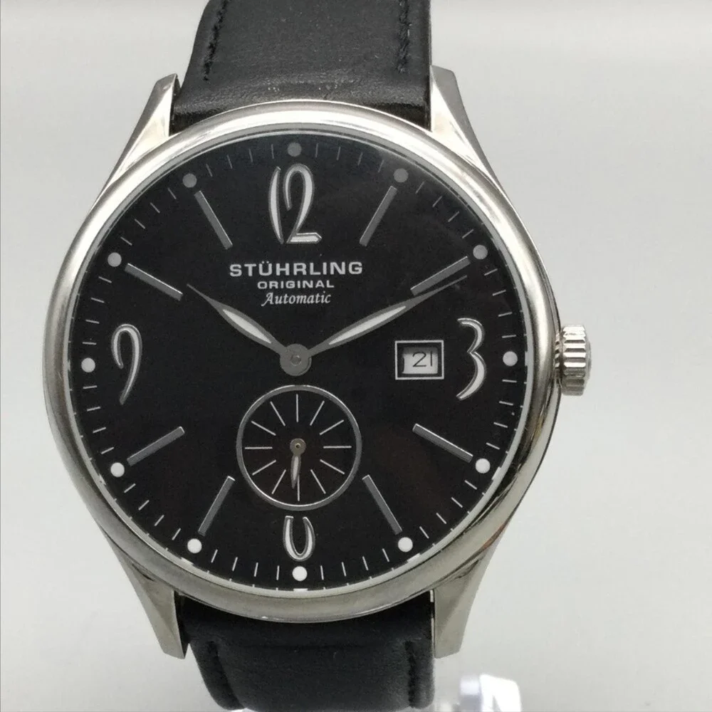 Stuhrling Original Mens Watch 44mm Black Dial Black Leather Automatic Date